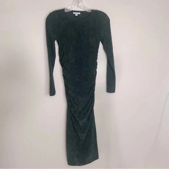 James Perse Green Ruched Velvet Long Sleeve Dress 0 - Picture 2 of 7